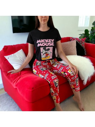 Pijama dama bumbac cu pantaloni lungi rosii si tricou negru cu imprimeu minunat Mickey Star