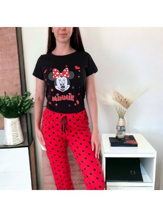 Pijama dama bumbac cu pantaloni lungi rosii si tricou negru cu imprimeu minunat Minnie Dots