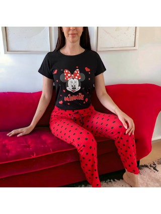Pijama dama bumbac cu pantaloni lungi rosii si tricou negru cu imprimeu minunat Minnie Dots