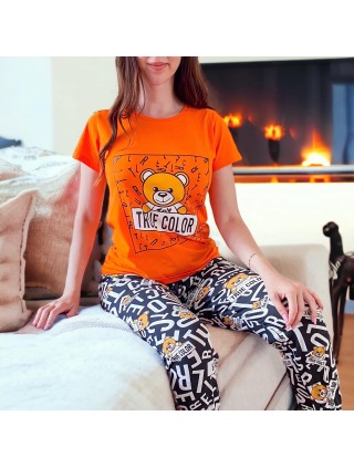 Pijama dama din bumbac cu pantaloni lungi si tricou portocaliu cu imprimeu Urs True Color