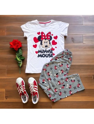 Pijama dama din bumbac cu pantaloni lungi gri si tricou alb cu imprimeu Minnie Jovial
