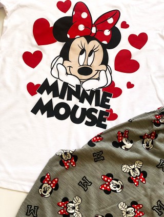 Pijama dama din bumbac cu pantaloni lungi gri si tricou alb cu imprimeu Minnie Jovial