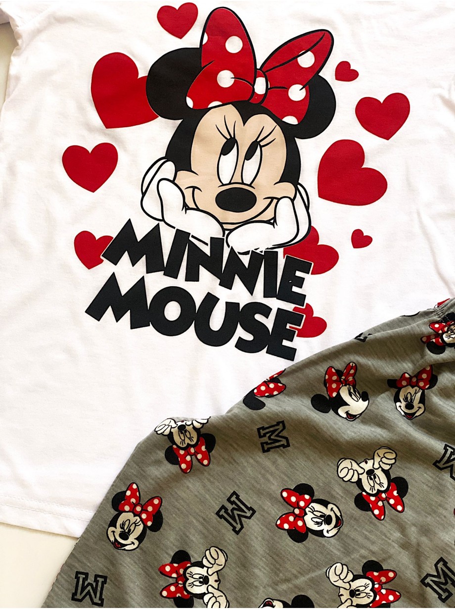 Pijama dama din bumbac cu pantaloni lungi gri si tricou alb cu imprimeu Minnie Jovial
