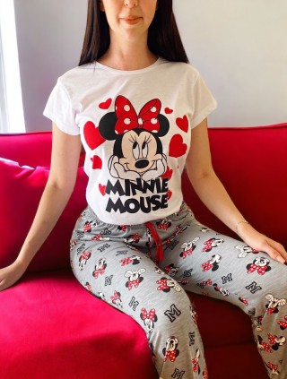 Pijama dama din bumbac cu pantaloni lungi gri si tricou alb cu imprimeu minunat Minnie Jovial