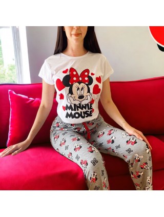 Pijama dama din bumbac cu pantaloni lungi gri si tricou alb cu imprimeu minunat Minnie Jovial