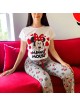 Pijama dama din bumbac cu pantaloni lungi gri si tricou alb cu imprimeu minunat Minnie Jovial