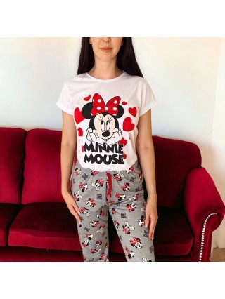 Pijama dama din bumbac cu pantaloni lungi gri si tricou alb cu imprimeu minunat Minnie Jovial