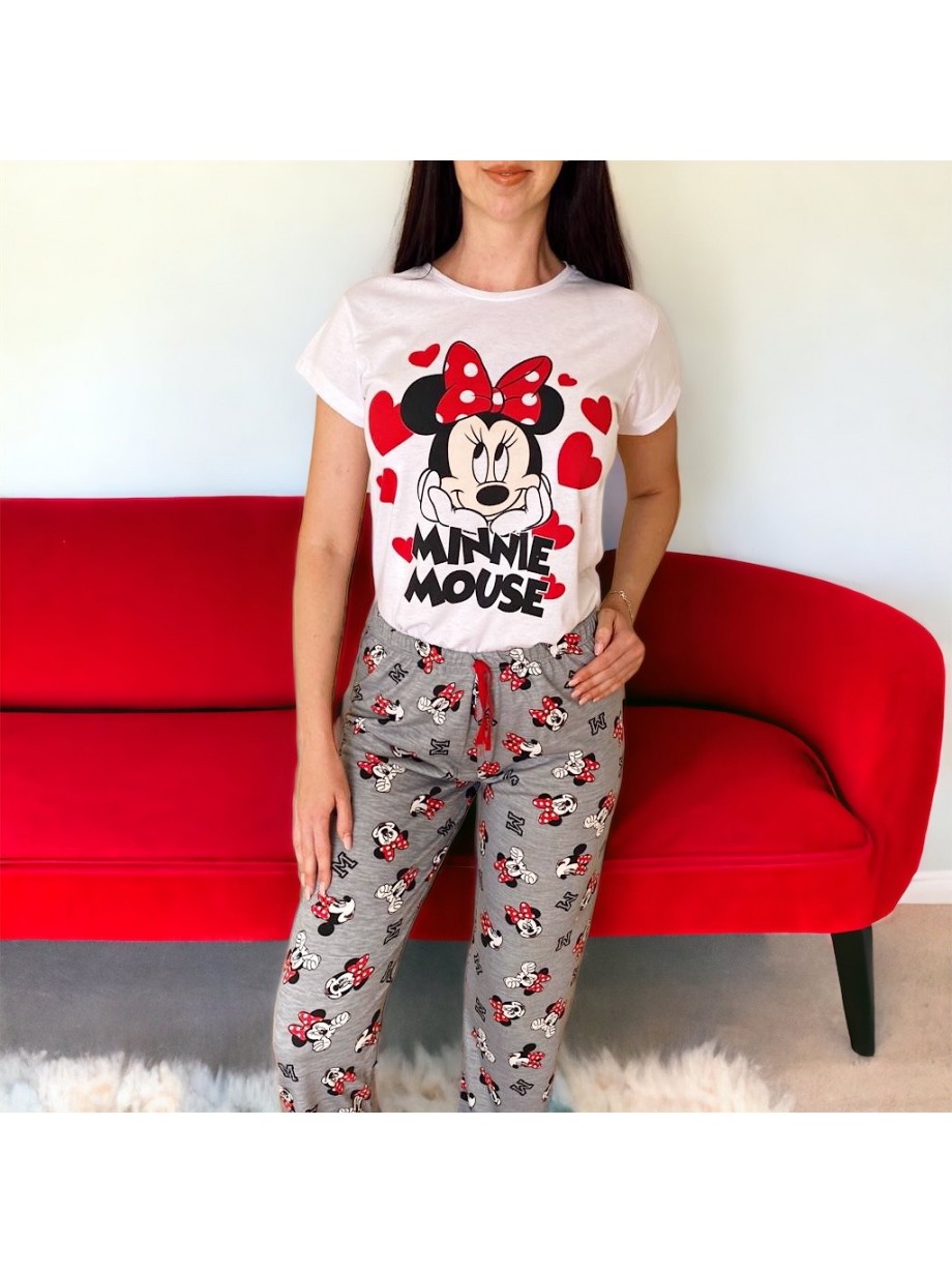 Pijama dama din bumbac cu pantaloni lungi gri si tricou alb cu imprimeu minunat Minnie Jovial