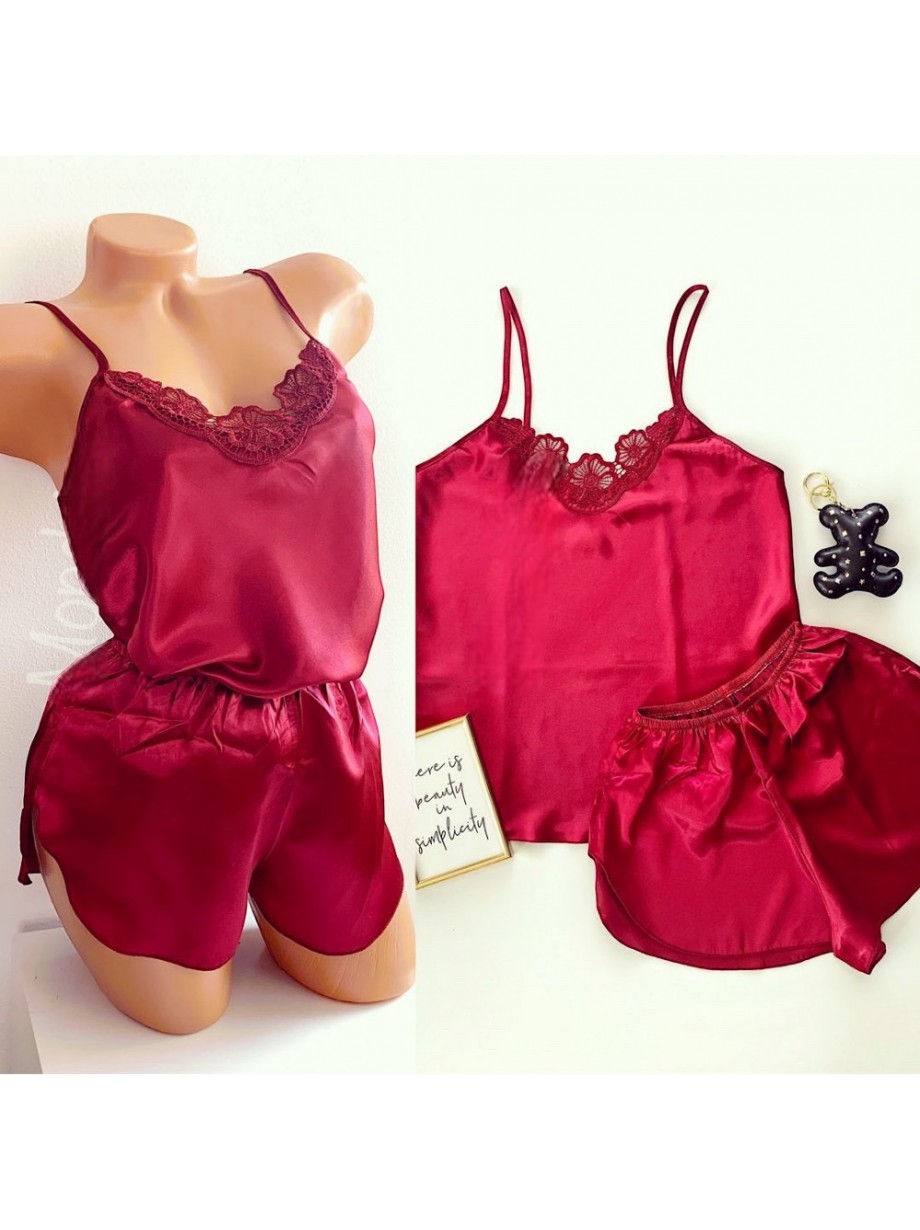 Pijama dama ieftina primavara-vara visinie din satin lucios cu model dantelat