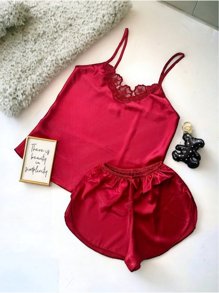Pijama dama ieftina primavara-vara visinie din satin lucios cu model dantelat