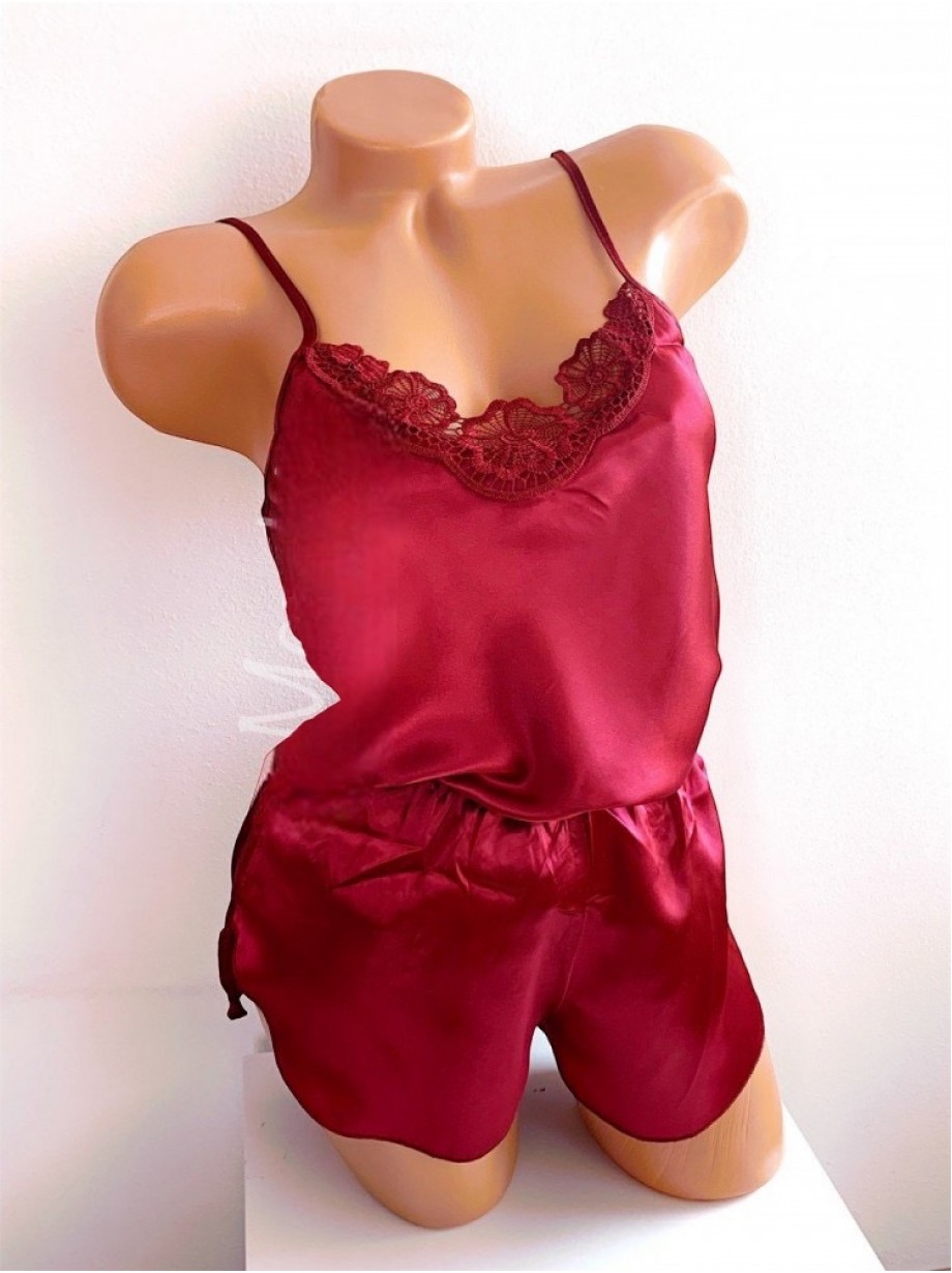 Pijama dama ieftina primavara-vara visinie din satin lucios cu model dantelat