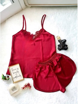 Pijama dama ieftina primavara-vara visinie din satin lucios cu model dantelat