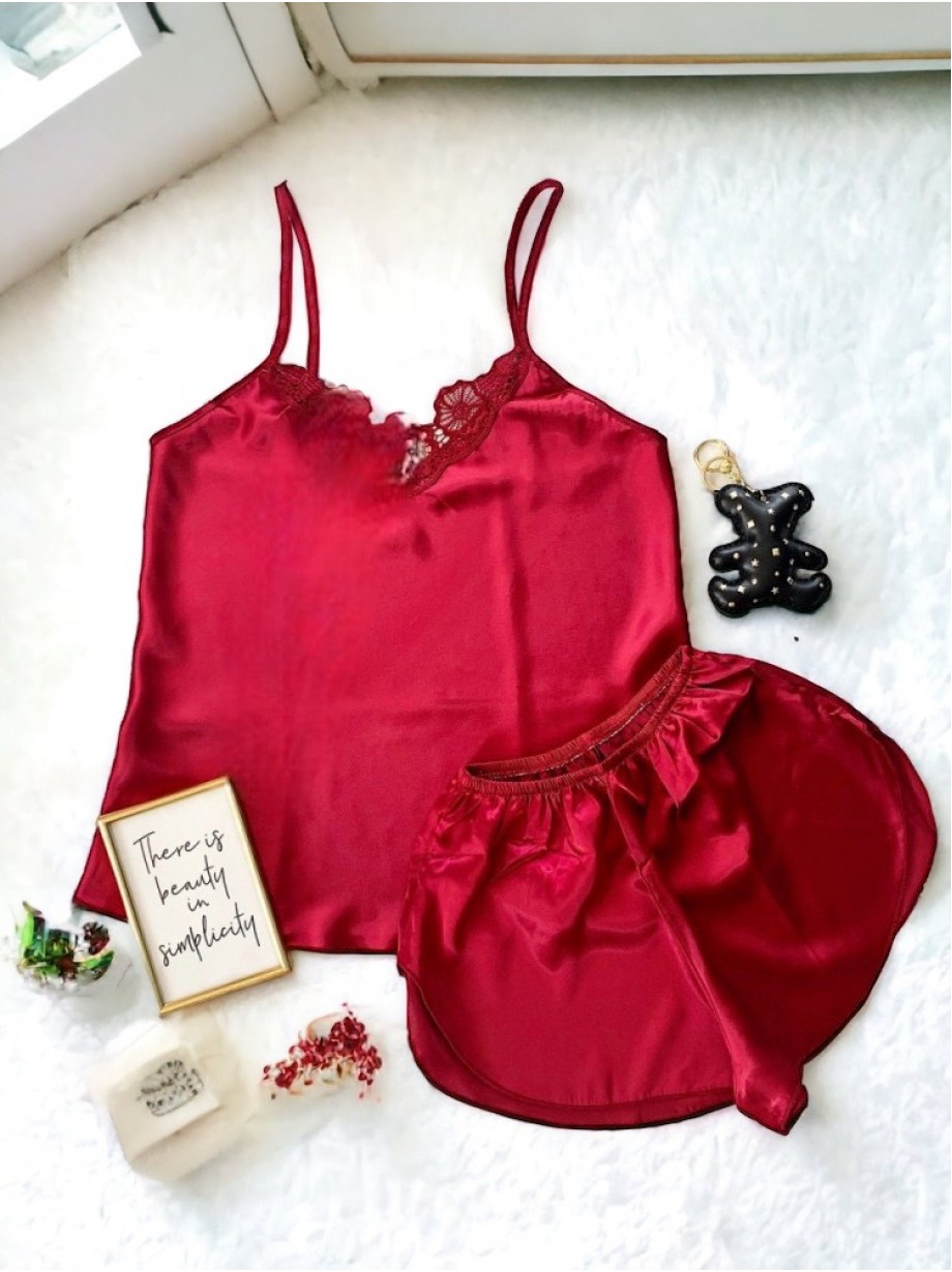 Pijama dama ieftina primavara-vara visinie din satin lucios cu model dantelat