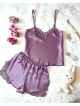 Pijama Dama ieftina cu aspect satinat formata din maieu cu bretele si pantaloni scurti cu dantela mov - Note Vibrante pentru Seri Pline de Culori