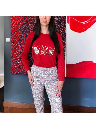 Pijama dama din bumbac gros cu pantaloni si bluza rosie cu maneca lunga cu imprimeu Christmas Pijama dama din bumbac gros cu pantaloni si bluza rosie cu maneca lunga cu imprimeu Christmas