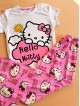 Pijama dama ieftina din bumbac cu pantaloni corai si tricou cu imprimeu simpatic cu emblema Hello Kitty