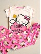 Pijama dama ieftina din bumbac cu pantaloni corai si tricou cu imprimeu simpatic cu emblema Hello Kitty