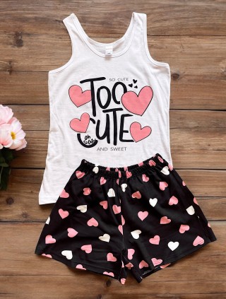 Pijama dama bumbac cu pantaloni scurti negri cu inimioare si maieu alb cu imprimeu TOO CUTE 