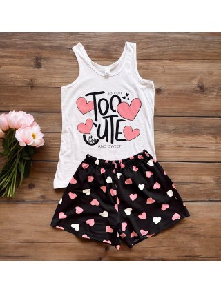 Pijama dama bumbac cu pantaloni scurti negri cu inimioare si maieu alb cu imprimeu TOO CUTE 