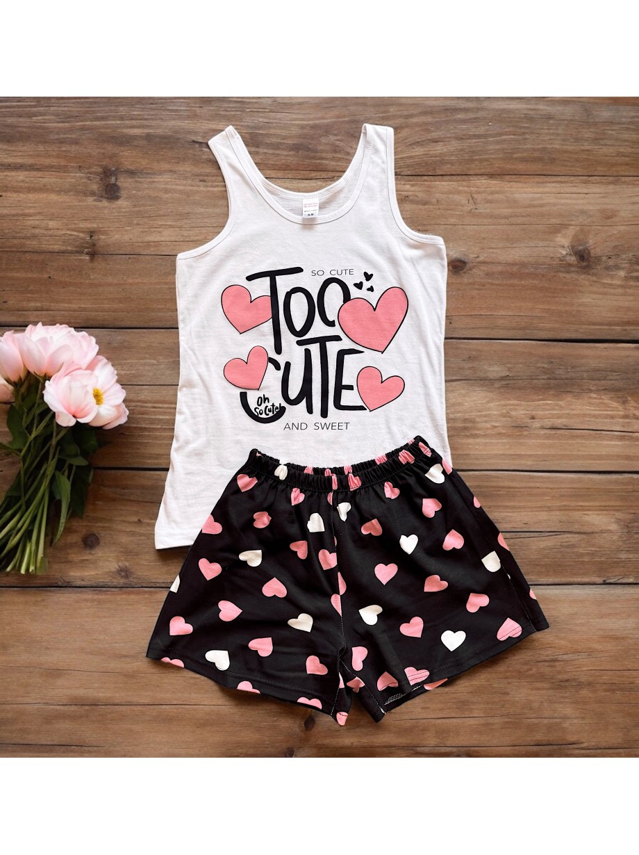 Pijama dama bumbac cu pantaloni scurti negri cu inimioare si maieu alb cu imprimeu TOO CUTE 