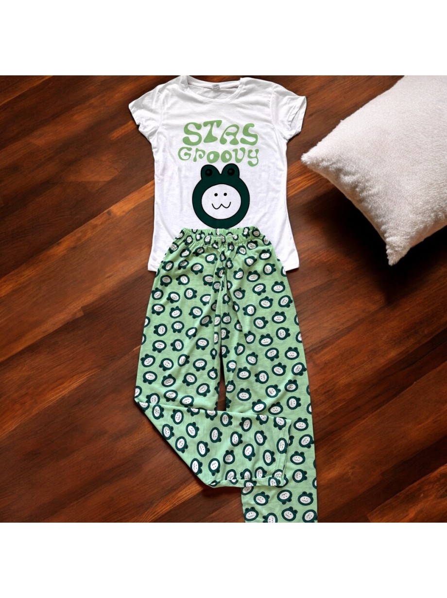 Pijama dama din bumbac cu pantaloni lungi si tricou verde cu imprimeu GROOVY