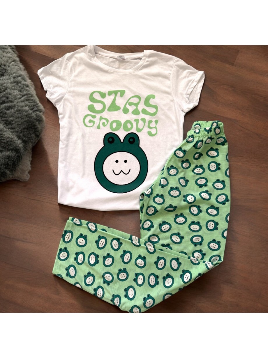 Pijama dama din bumbac cu pantaloni lungi si tricou verde cu imprimeu GROOVY