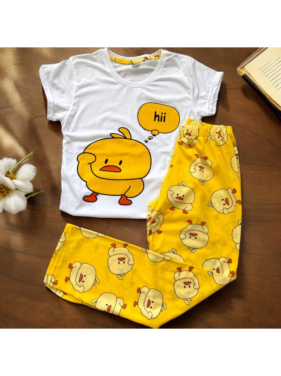 Pijama dama din bumbac cu pantaloni lungi  galbeni si tricou cu imprimeu vesel RATUSCA
