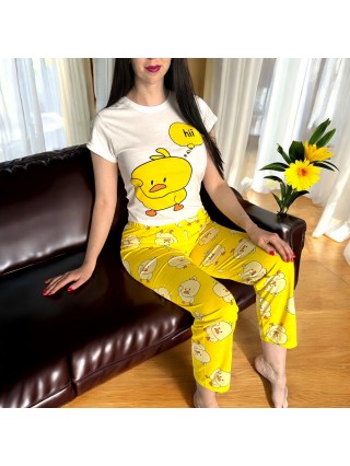 Pijama dama din bumbac cu pantaloni lungi  galbeni si tricou cu imprimeu vesel RATUSCA