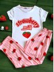 Pijama dama din bumbac cu pantaloni lungi roz si tricou alb cu imprimeu Strawberry Milk