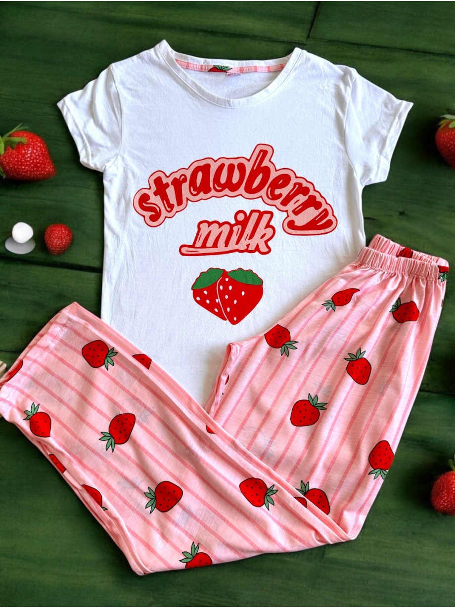 Pijama dama din bumbac cu pantaloni lungi roz si tricou alb cu imprimeu Strawberry Milk