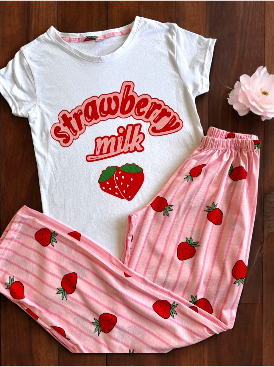 Pijama dama din bumbac cu pantaloni lungi roz si tricou alb cu imprimeu Strawberry Milk