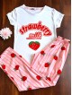 Pijama dama din bumbac cu pantaloni lungi roz si tricou alb cu imprimeu Strawberry Milk