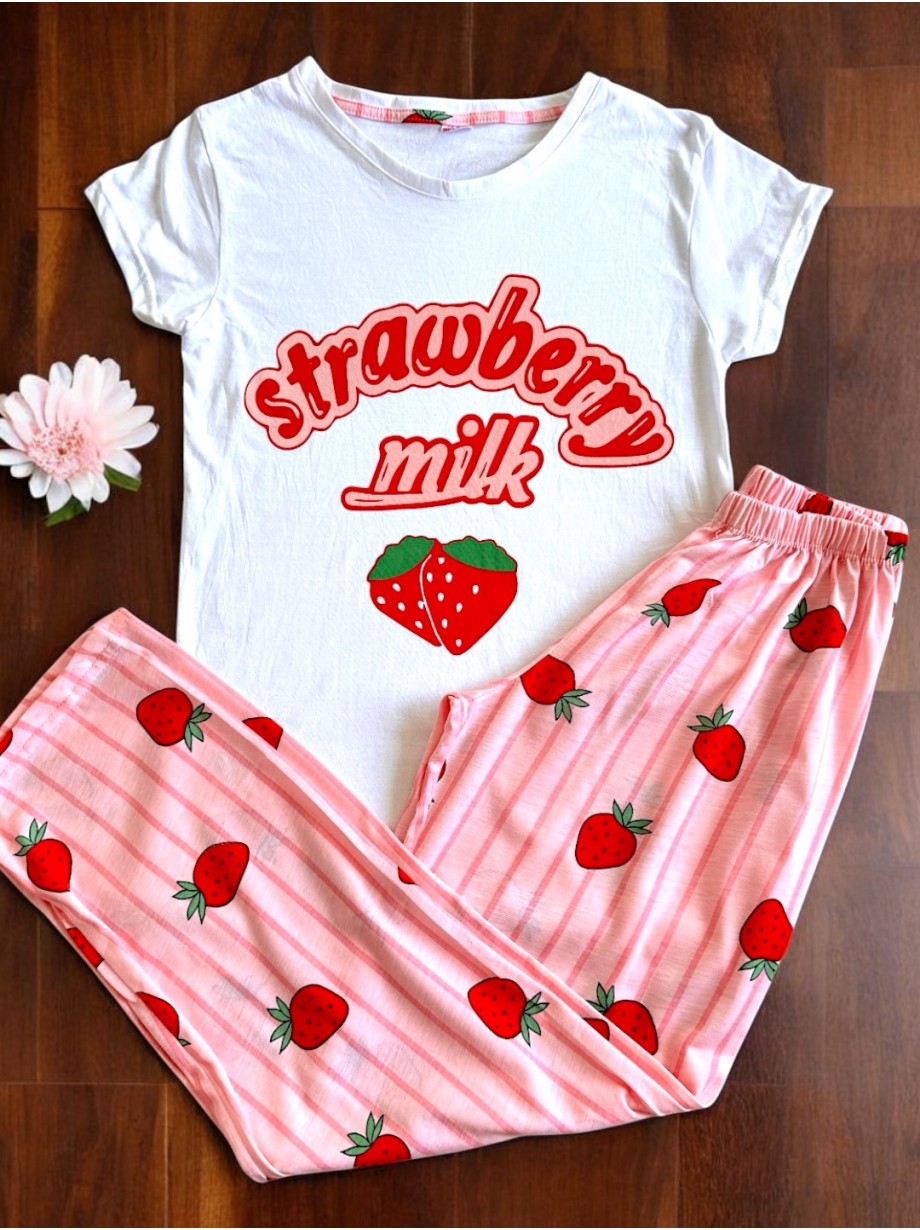 Pijama dama din bumbac cu pantaloni lungi roz si tricou alb cu imprimeu Strawberry Milk