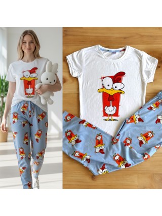 Pijama dama ieftina din bumbac cu pantaloni albastri si tricou cu imprimeu simpatic Fun Chicken