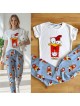 Pijama dama ieftina din bumbac cu pantaloni albastri si tricou cu imprimeu simpatic Fun Chicken