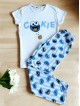 Pijama dama ieftina bumbac lunga cu pantaloni lungi albastri si tricou alb cu imprimeu Cookie 