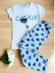 Pijama dama ieftina bumbac lunga cu pantaloni lungi albastri si tricou alb cu imprimeu Cookie 