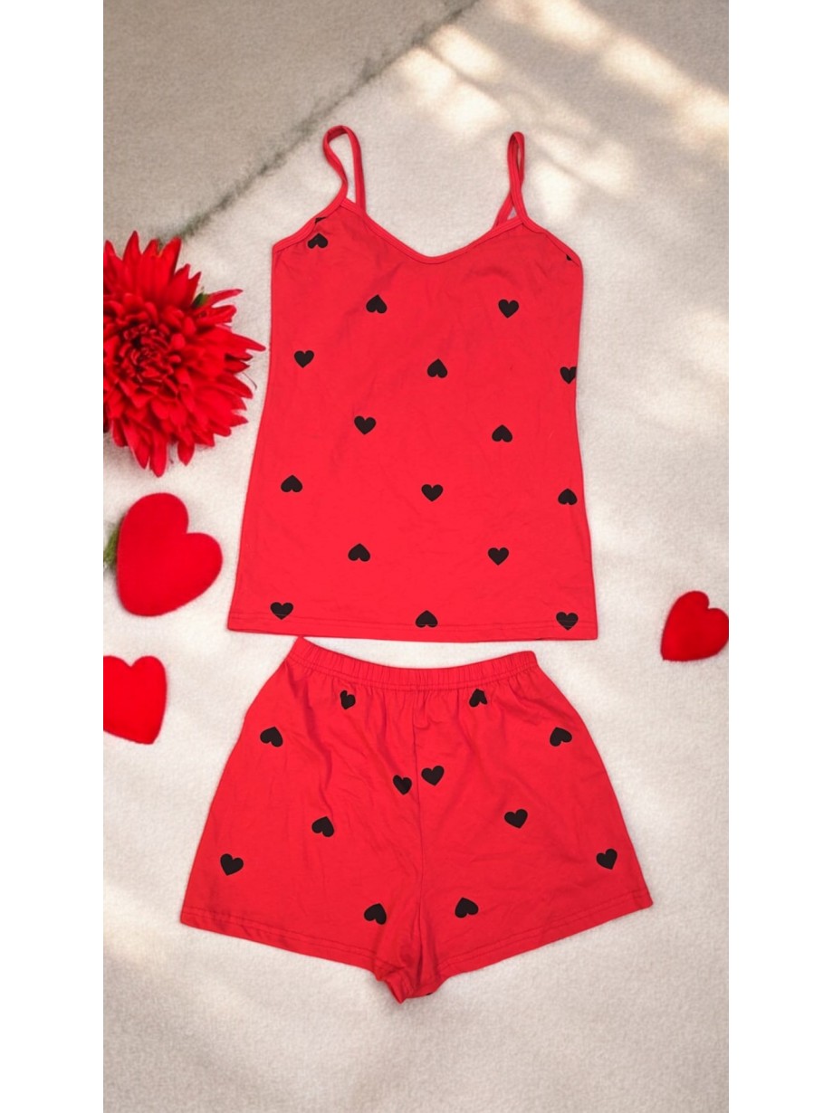 Pijama dama din bumbac cu maieu si pantaloni scurti cu imprimeu inimioare