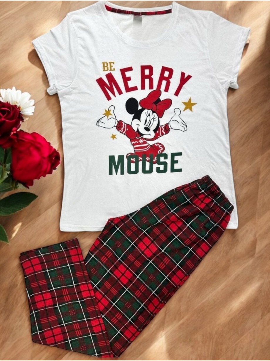 Pijama dama ieftina din bumbac cu pantaloni lungi rosii in carouri si tricou alb cu imprimeu MINNIE FERICITA MERRY Pijama dama ieftina din bumbac cu pantaloni lungi rosii in carouri si tricou alb cu imprimeu MINNIE FERICITA MERRY