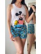 Pijama dama ieftina din bumbac formata din maieu alb si pantaloni scurti albastri cu imprimeu cu Mickey Happy Pijama dama ieftina din bumbac formata din maieu alb si pantaloni scurti albastri cu imprimeu cu Mickey Happy