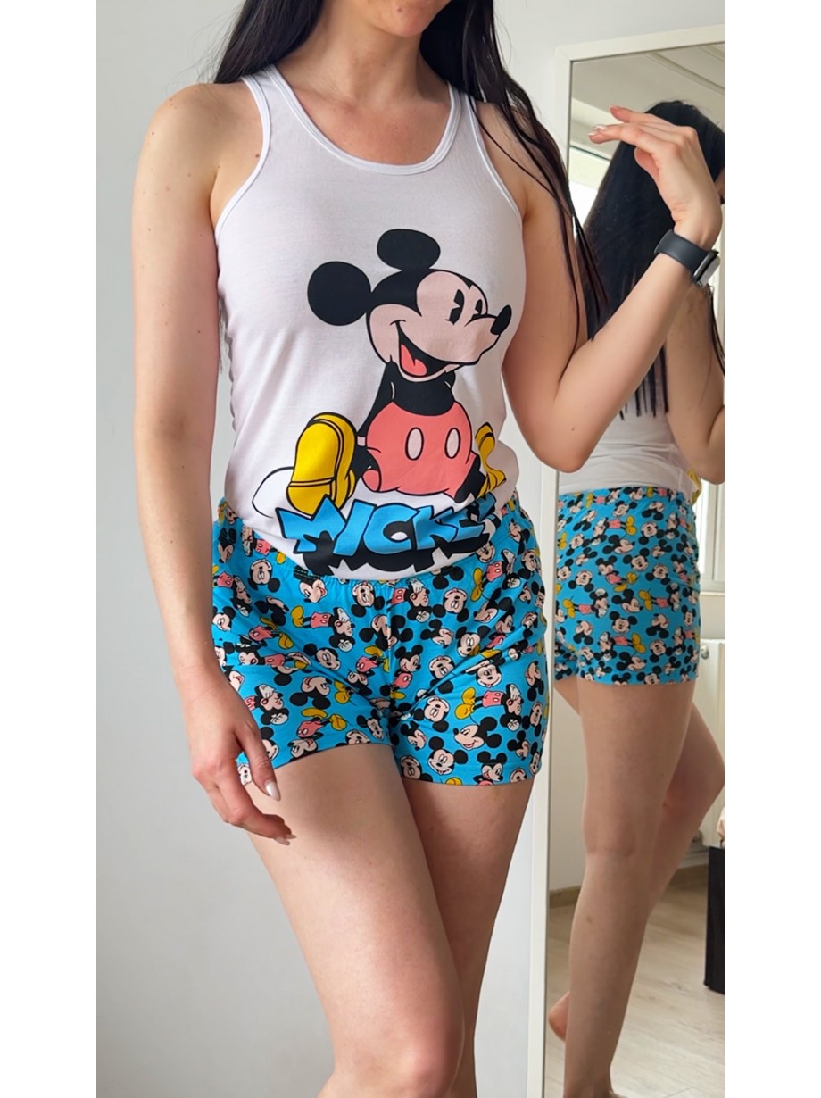 Pijama dama ieftina din bumbac formata din maieu alb si pantaloni scurti albastri cu imprimeu cu Mickey Happy Pijama dama ieftina din bumbac formata din maieu alb si pantaloni scurti albastri cu imprimeu cu Mickey Happy
