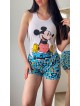 Pijama dama ieftina din bumbac formata din maieu alb si pantaloni scurti albastri cu imprimeu cu Mickey Happy Pijama dama ieftina din bumbac formata din maieu alb si pantaloni scurti albastri cu imprimeu cu Mickey Happy