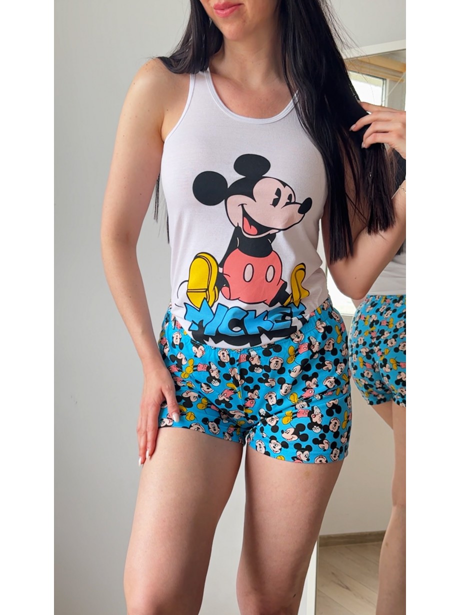 Pijama dama ieftina din bumbac formata din maieu alb si pantaloni scurti albastri cu imprimeu cu Mickey Happy Pijama dama ieftina din bumbac formata din maieu alb si pantaloni scurti albastri cu imprimeu cu Mickey Happy