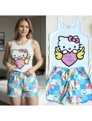 Pijama dama ieftina bumbac scurta cu maieu alb si pantaloni scurti colorati cu imprimeu Hello Kitty Angel Heart