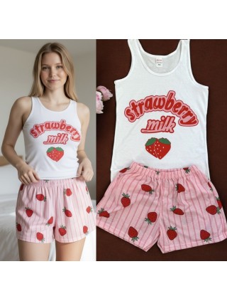 Pijama dama ieftina bumbac scurta cu pantaloni scurti roz cu dungi si capsuni si maieu cu imprimeu Strawberry