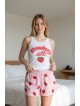 Pijama dama ieftina bumbac scurta cu pantaloni scurti roz cu dungi si capsuni si maieu cu imprimeu Strawberry