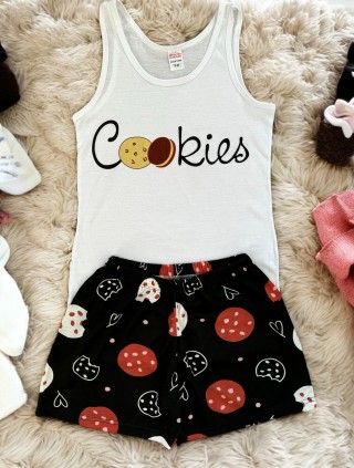 Pijama dama ieftina din bumbac formata din pantaloni scurti negri si maieu cu imprimeu COOKIES Pijama dama ieftina din bumbac formata din pantaloni scurti negri si maieu cu imprimeu COOKIES