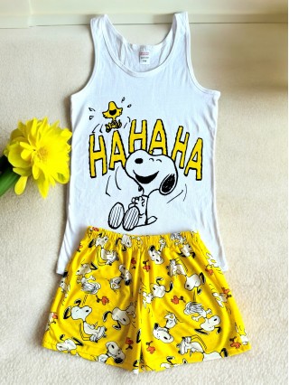Pijama dama ieftina din bumbac formata din pantaloni scurti galbeni  si maieu cu imprimeu SNOOPY HAHA