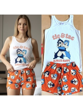 Pijama dama ieftina din bumbac formata din pantaloni scurti portocalii si maieu cu imprimeu ALWAYS HAPPY