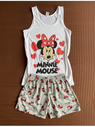 Pijama dama ieftina bumbac scurta cu maieu alb si pantaloni scurti draguti gri cu inimioare si cu imprimeu MINNIE happy